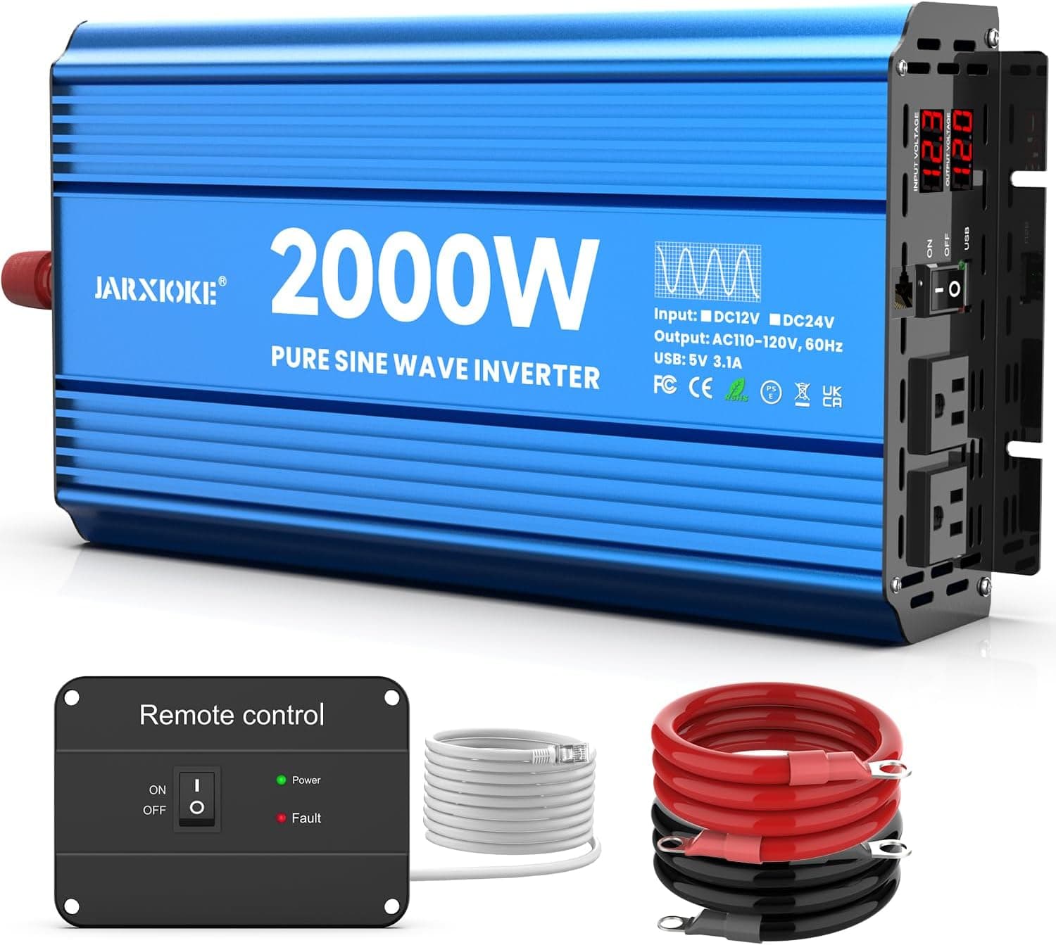 JARXIOKE 2000 Watt Pure Sine Wave Power Inverter 12V DC to 120V AC for Home, RV and Off-Grid Solar with 2 AC Outlets, USB, LCD, Remote