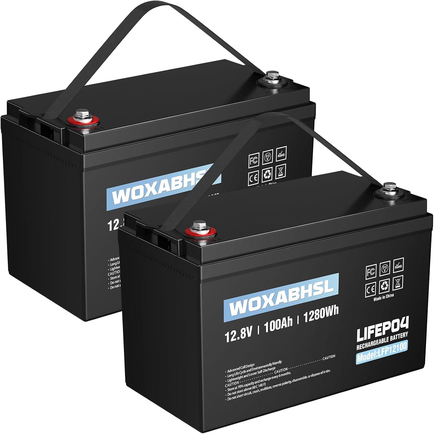 WOXABHSL 12V 100Ah Lithium LiFePO4 Deep Cycle Battery 4000+ Cycles Built-in 100A BMS (2pcs)