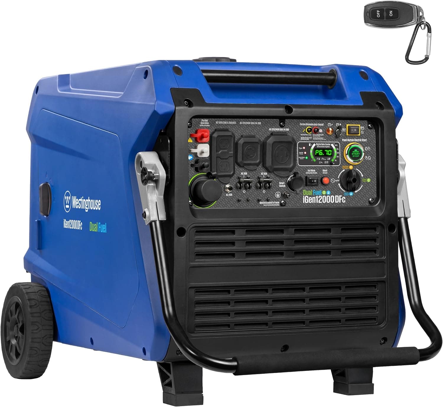 Westinghouse 12000 Peak Watt Dual Fuel Portable Inverter Generator, Remote Electric Start, Transfer Switch Ready, Gas and Propane Powered, Parallel Capable, CO Sensor