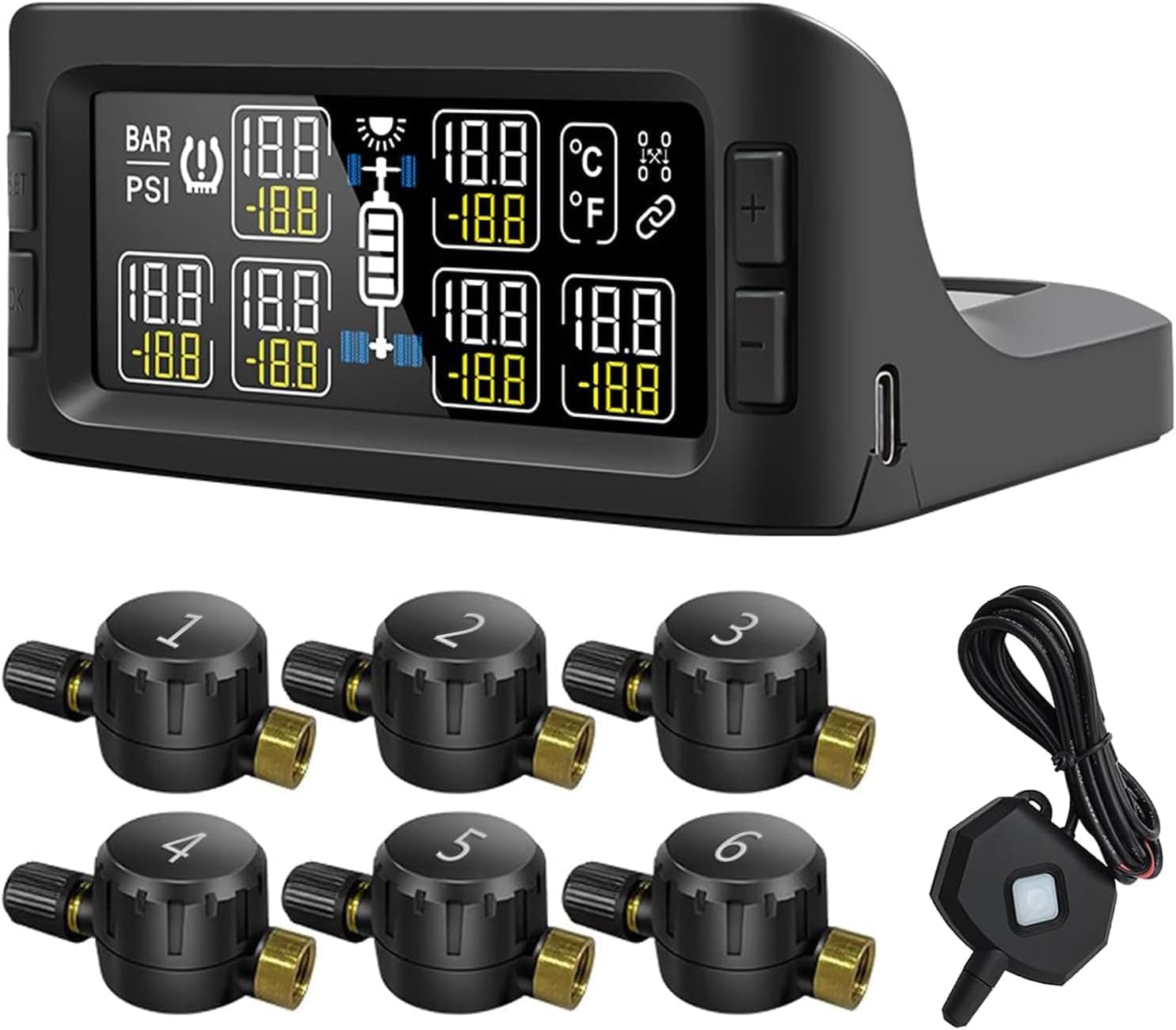 B-Qtech Tire Pressure Monitoring System Solar RV TPMS with 6 Flow Thru Sensors (0-199PSI) & Signal Booster, 7 Alarm Modes for Trailer Motorhome Pickup Truck