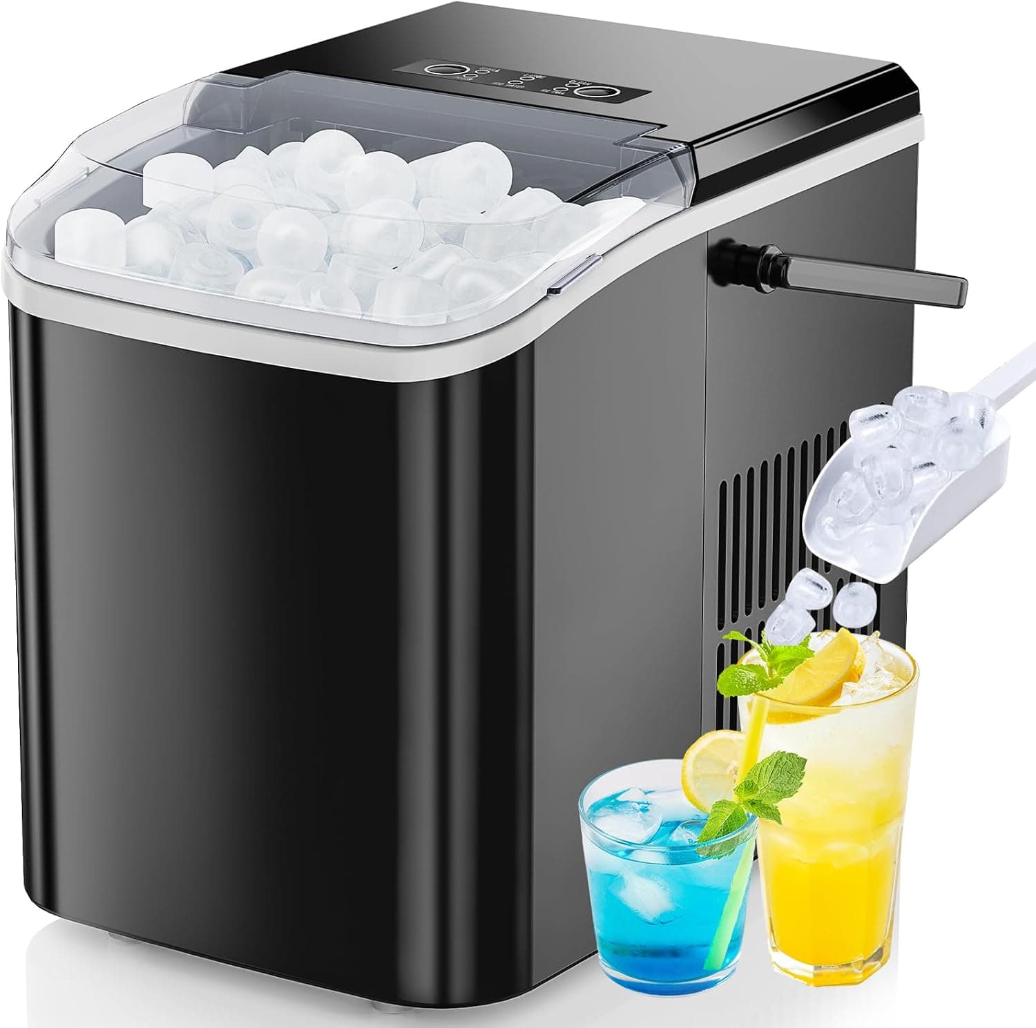 ANTONIA Countertop Ice Maker Nugget Portable Ice Machine, 9 Bullet Ice Cubes in 6 Mins, 26.5lbs in 24Hrs Self-Cleaning for Kitchen/Party/Camping/RV, Black