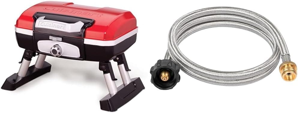 Cuisinart 17.6" Portable Propane Gas Grill Bundle with Adapter & Hose for Coleman Stoves & Weber Q Grills
