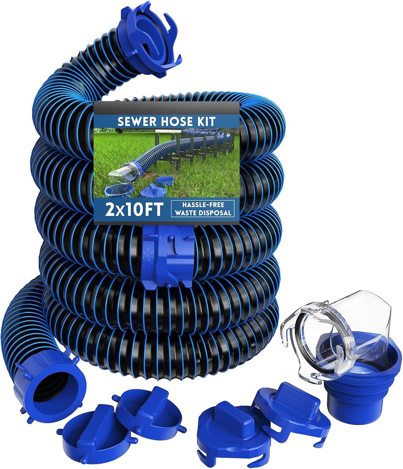 DUMPMAN 20 FT RV Sewer Hose Kit, (2) Attachable 10 ft Hoses with Swivel Fitting, 90 Degree Clear Adapter, 4 Caps