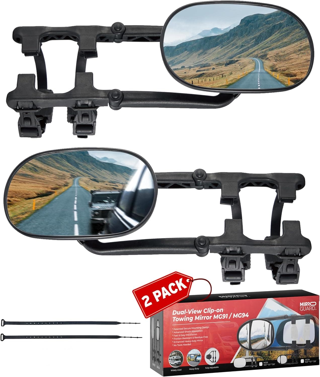 MirroGuard Extended Towing Mirrors, Universal Clip-On Side Mirror Extensions for Pickups, RVs, and Trailers, Tow Mirrors with Extenders (Model MG91) (Black)