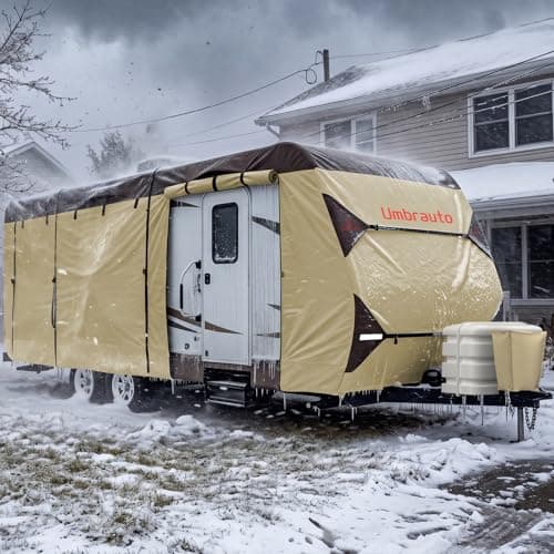 Umbrauto Travel Trailer RV Cover 24' ~ 27' - Upgraded 9-Layers Top Camper Cover, Waterproof & Windproof Heavy Duty Toy Hauler RV Cover for Winter Snow with Tongue Jack Cover, Gutter Covers