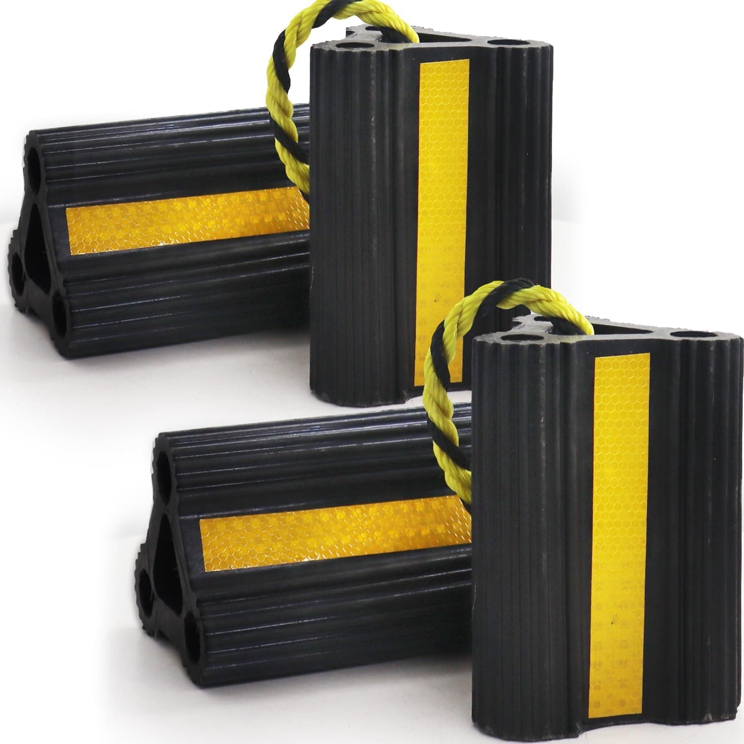 Wheel Chocks for RV Trailer Camper Truck Car, 4-Pack with Rope, Versatile Rubber Chocks Block Stopper for Tire with Reflective Strips
