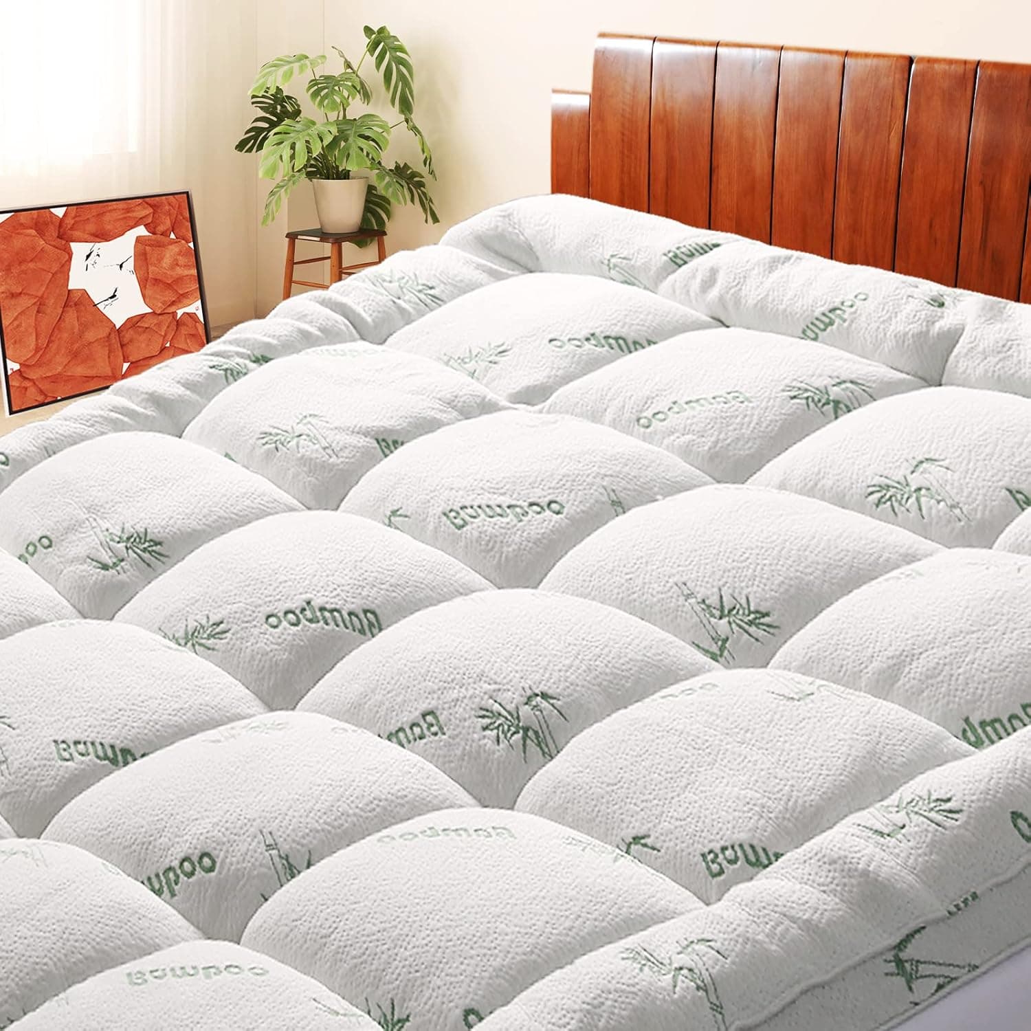 Mattress Topper Short Queen RV Size, Cooling Extra Thick Breathable Viscose Made from Bamboo, Quilted Fitted Cover, 1000 GSM Fill