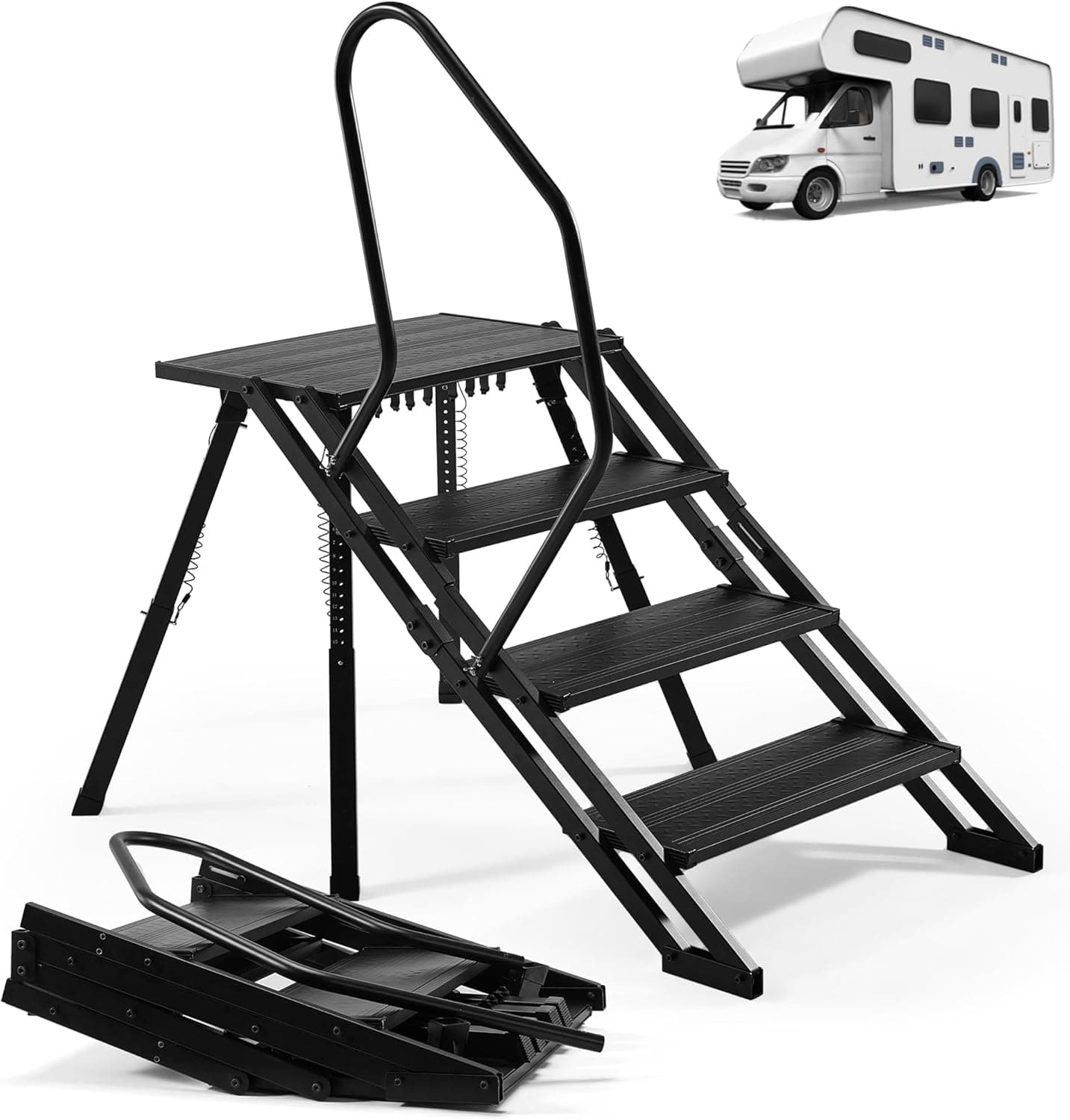 RV Steps Foldable, Aluminum Portable 4 Step Camper Steps with Handrail, Adjustable Height with Non Slip Feet for 5th Wheel RV, Travel Trailer, Home, Camper, Spa, Hot Tub, and Porch