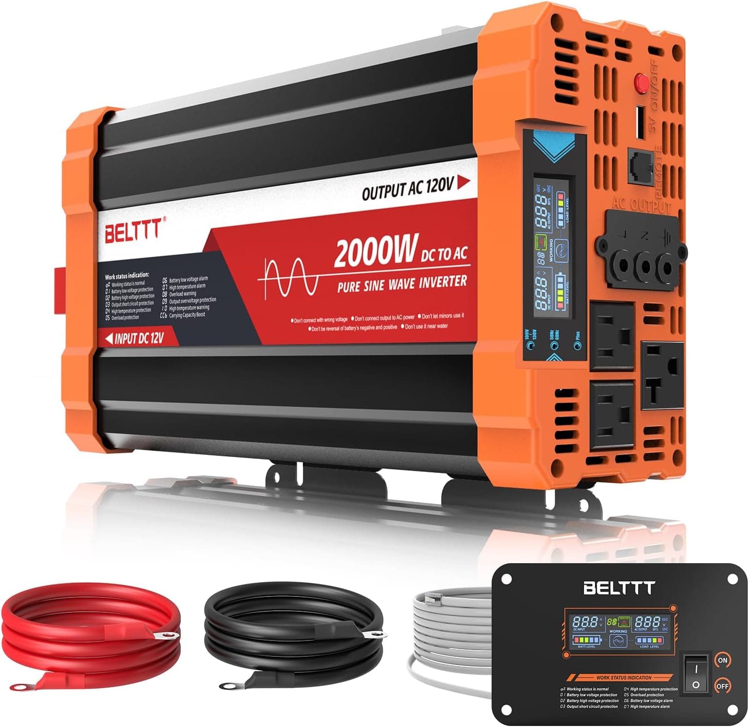 BELTTT 2000W Pure Sine Wave Inverter 12V DC to 120V AC for Solar, RV, Truck with Dual AC and 20A Socket, USB, Surge 4000W, Hardwire Port