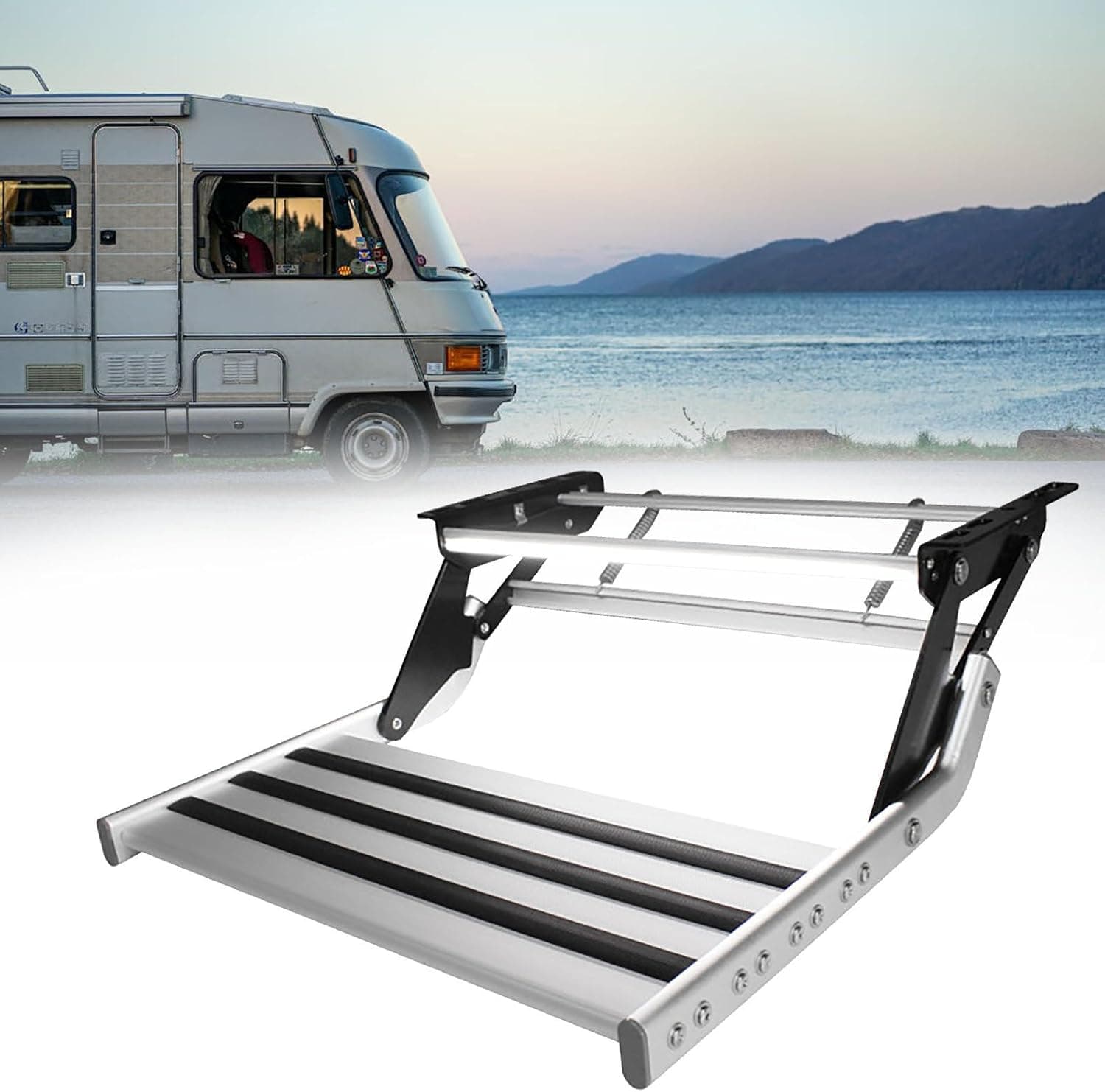 RV Step Camper Stair Folding Manual Double Drop Down Steps 440Lbs Capacity, Non-Slip Steps for Safe Entry and Exit, RV, Trailer, Camper Steps, 2-Step Electric