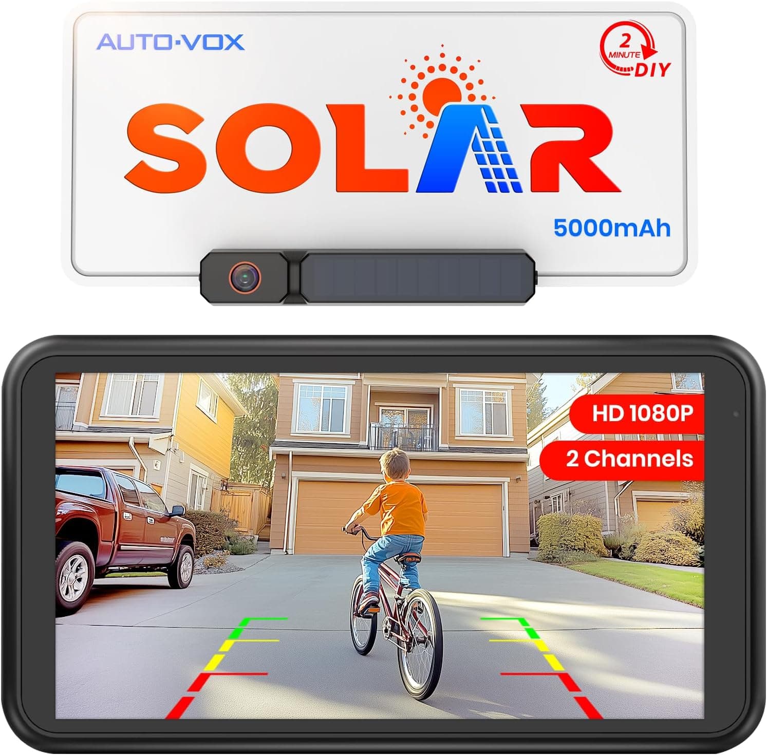 AUTO-VOX Solar Wireless Backup Camera with 5" 1080P Monitor, 5000mAh Battery, 2 Mins DIY Install, 2 Split Screen, IP69K Waterproof for Car Van SUV Truck Trailer