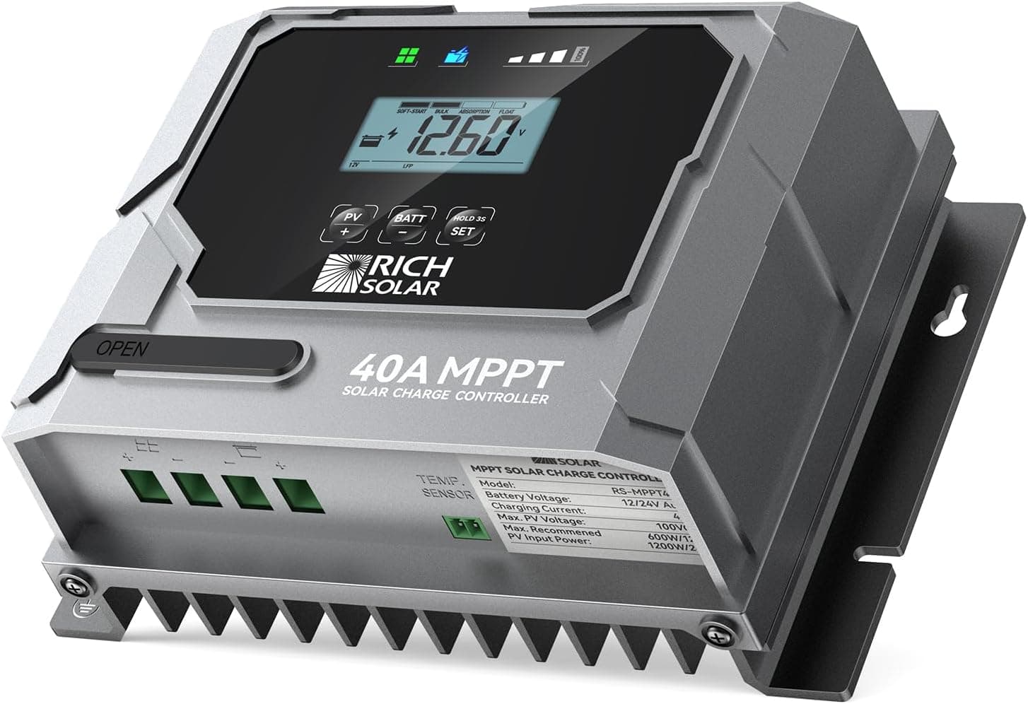 RICH SOLAR Bravo 40 40A MPPT Solar Charge Controller with Bluetooth 12V/24V Auto-Detect, Lithium & Lead-Acid Support for RVs Campers