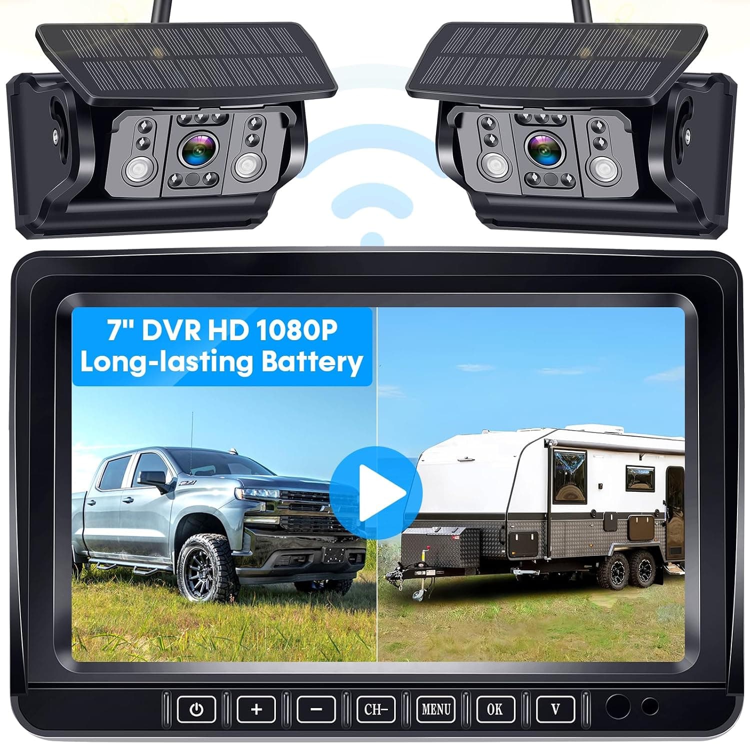 Dual RV Backup Camera Wireless for Trailer, Easy Setup Solar Rear View Camera with 7-inch Recording Monitor, 4 Channels Strong Magnetic HD 1080P for Camper Truck Fifth Wheel