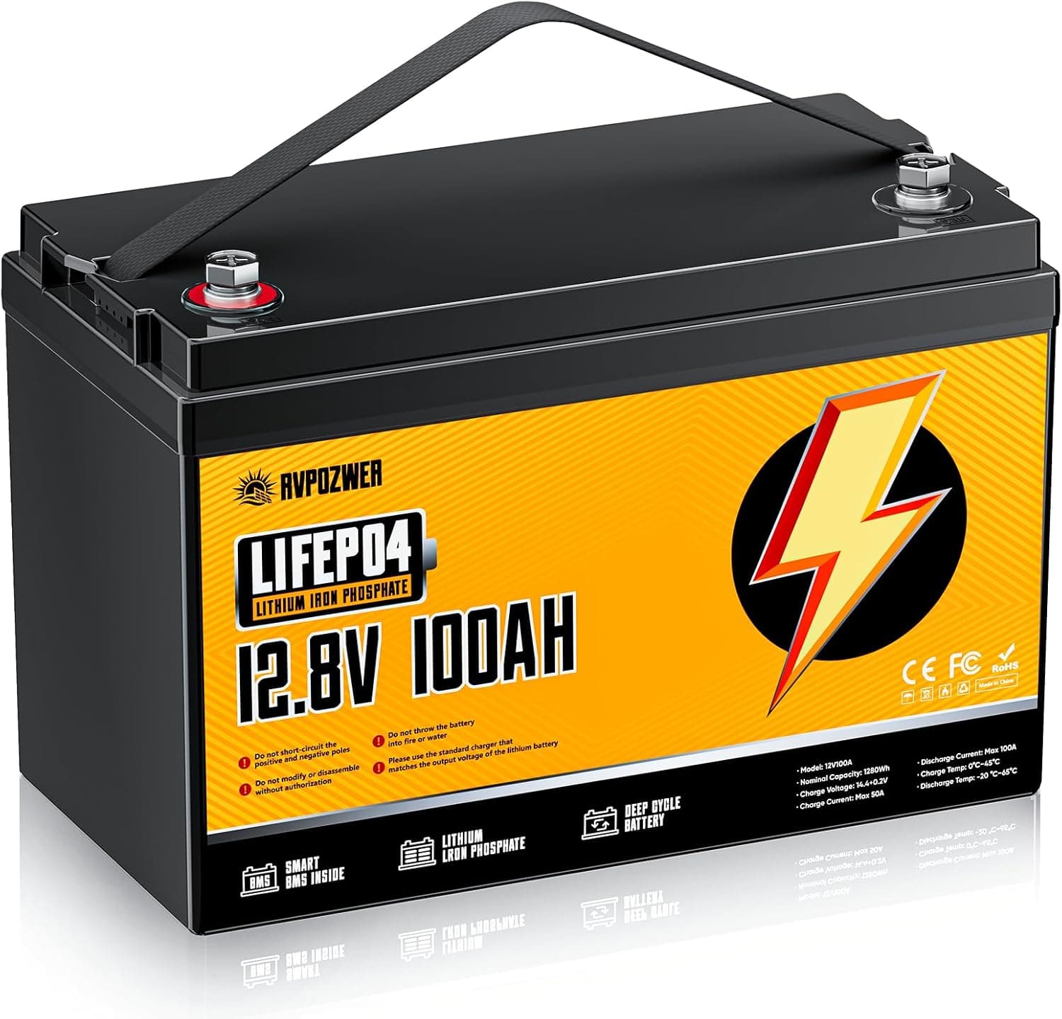 Rvpozwer 12V 100Ah LiFePO4 Battery Built-in 120A BMS, 15000 Deep Cycles, Group 31, Lightweight for RV, Marine, Solar