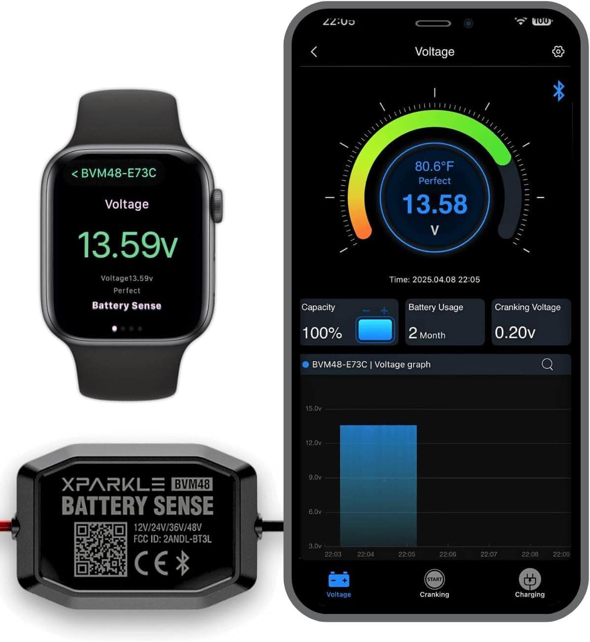Bluetooth Battery Monitor 12V 24V 36V 48V RV Battery Monitor with Charging, Cranking System Test and Alarm, Temp Sensor