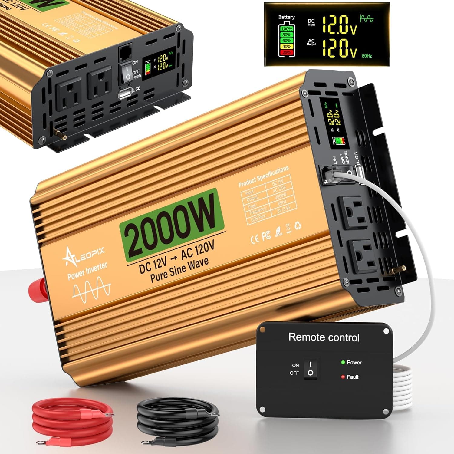 2000 Watt Inverter 12V DC to 110V/120V AC Pure Sine Wave for Truck/RV/Home/Solar Surge 4000W with 2 AC Sockets, USB, Digital Display