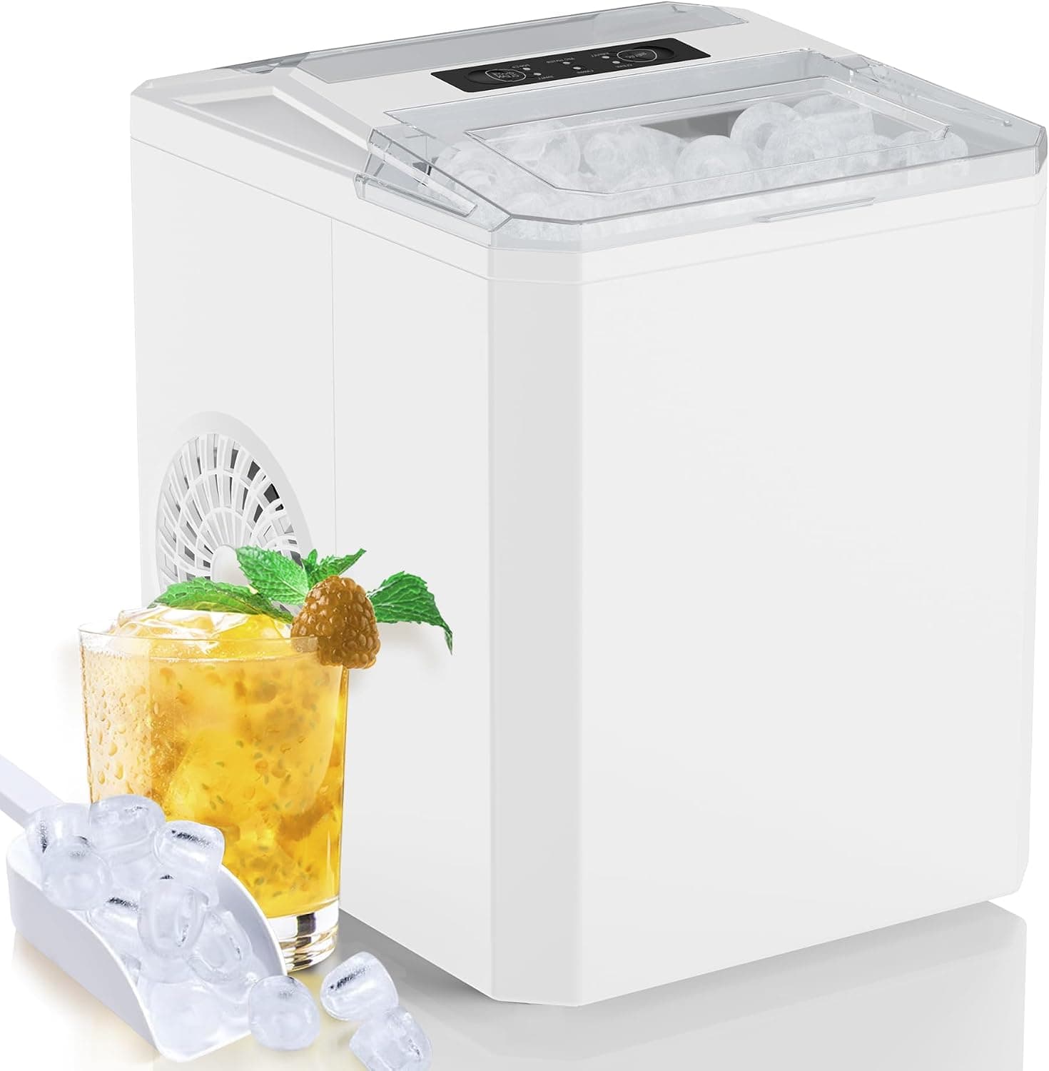 Countertop Ice Maker Nugget Portable Ice Machine, 9 Bullet Ice Cubes in 6 Mins, 26.5lbs in 24Hrs Self-Cleaning for Outdoors/Party/Camping, White