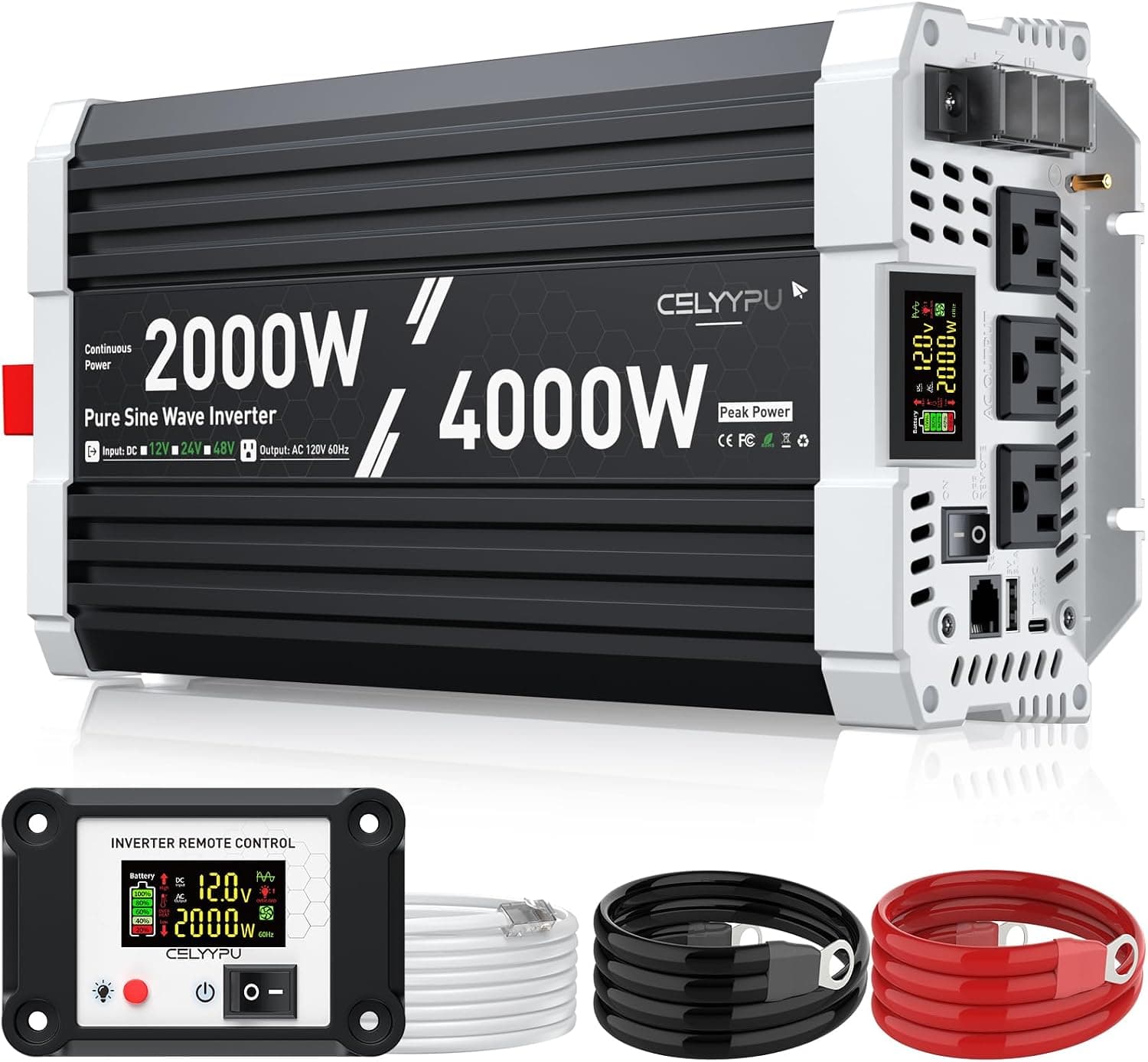 2000 watt Pure Sine Wave Inverter 12V DC to 110V AC for Solar Emergency Power in RV Homes with 3 AC Sockets, USB, Type-C, Remote LCD