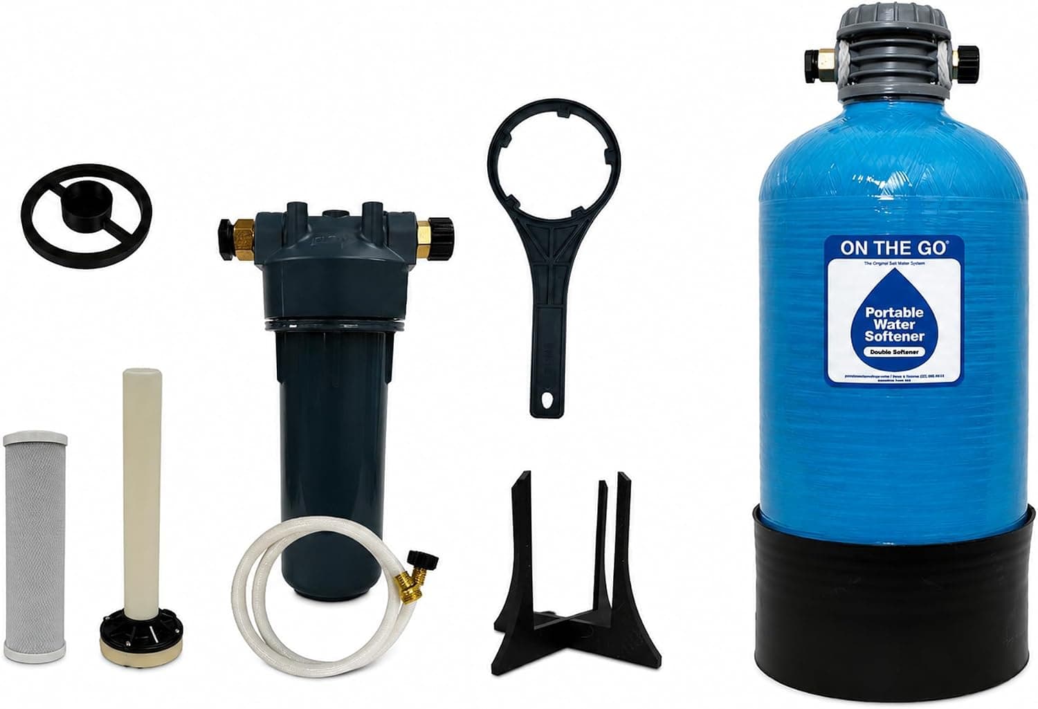 On The Go Portable 16,000 Grain RV Double Water Softener with Salt Regeneration Kit and Carbon Filter