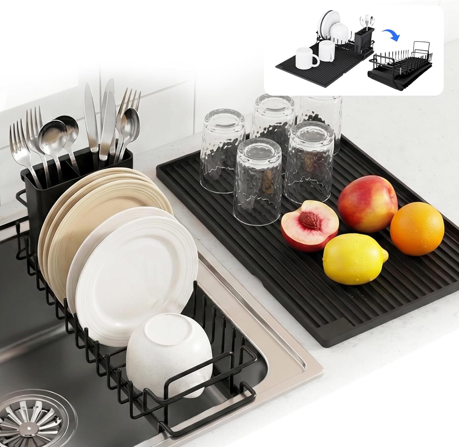 WZGUSXN Expandable & Collapsible Dish Drying Rack for Over The Sink and in Sink, Stainless Steel with Silicone Drip Tray, for Small Kitchen Apartment & RV
