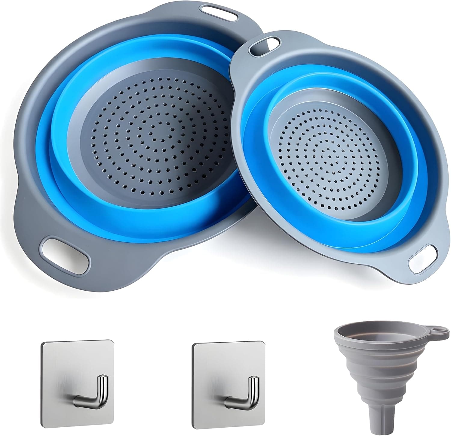 Collapsible Colander Set with 2 Stainless Steel Hooks & Silicone Funnel, Foldable Strainer Basket for Pasta Vegetables Fruit, Space Saving RV Kitchen Gadget, Blue