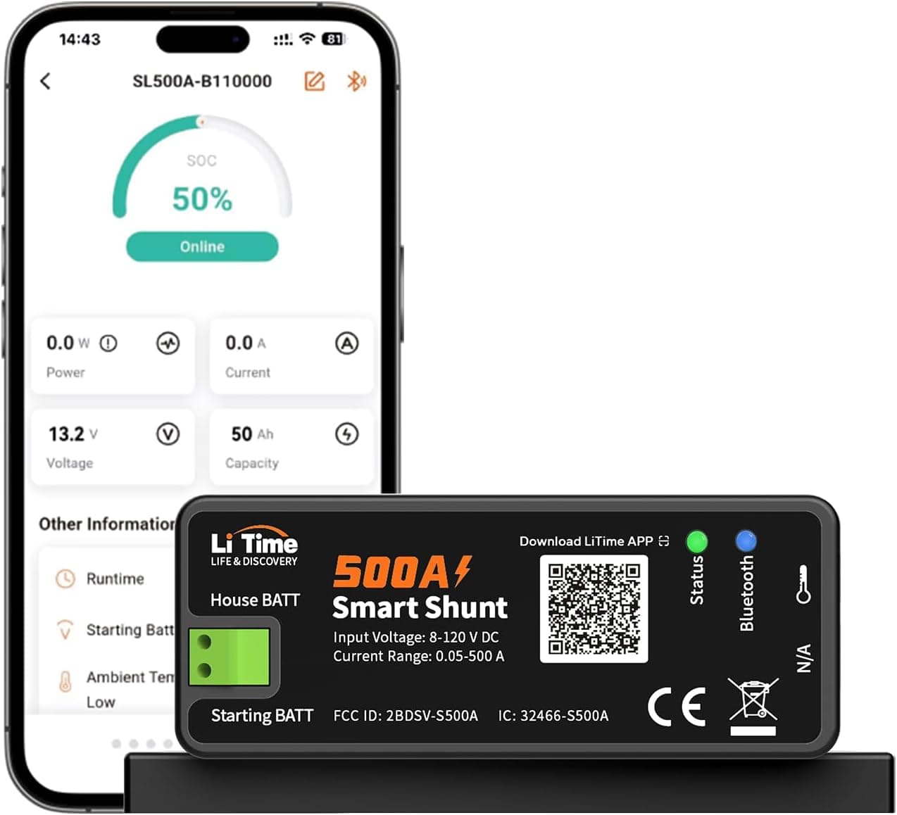 LiTime 500A Smart Shunt, Bluetooth Battery Monitor 8V-120V, SOC, Alarm Alerts, App Monitoring for Lithium, LFP, AGM, Gel