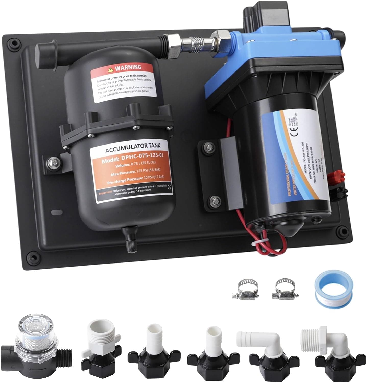AxleyHub RV Water Pump and Accumulator Tank System, 12V DC 5.5GPM 55PSI, 0.75L 125PSI Pre-Pressurized Accumulator Tank