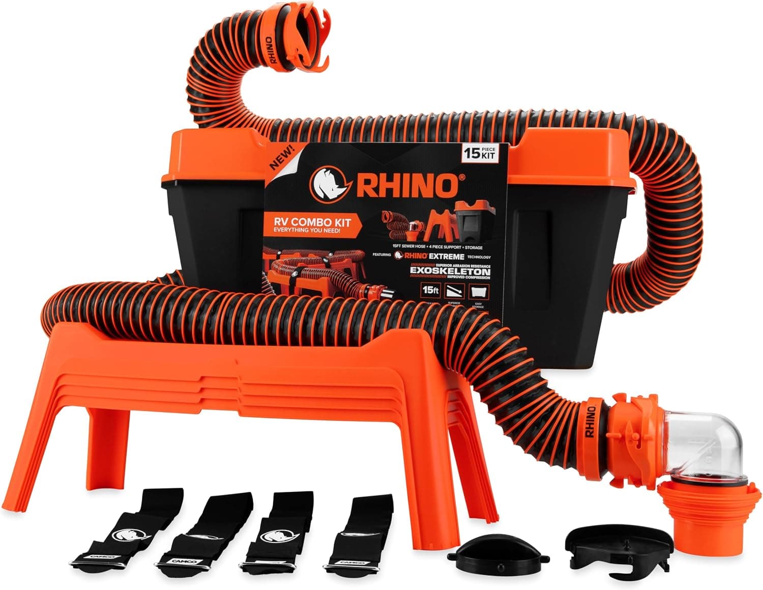 Camco RhinoEXTREME 15 ft Combo RV Sewer Hose Kit, 12-Piece Combo with Storage Box (43076)