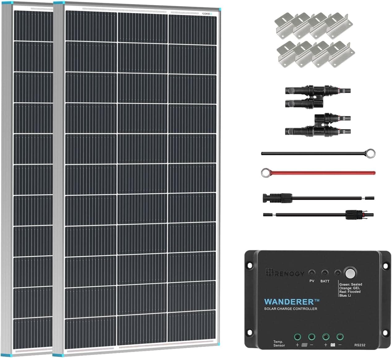 Renogy 200 Watt 12 Volt Monocrystalline Solar Panel Starter Kit with 2 Pcs 100W Panel and 30A PWM Charge Controller