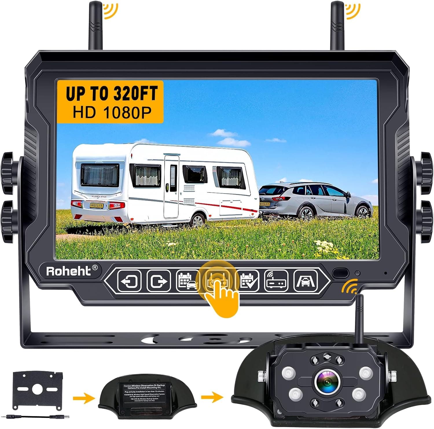 RV Backup Camera Wireless Strong Signal R9, HD 1080P 7'' Touch Key Recording Monitor Rear View System for Trailers/Trucks/5th Wheel, 4 Channels, Furrion Pre-Wired Mount