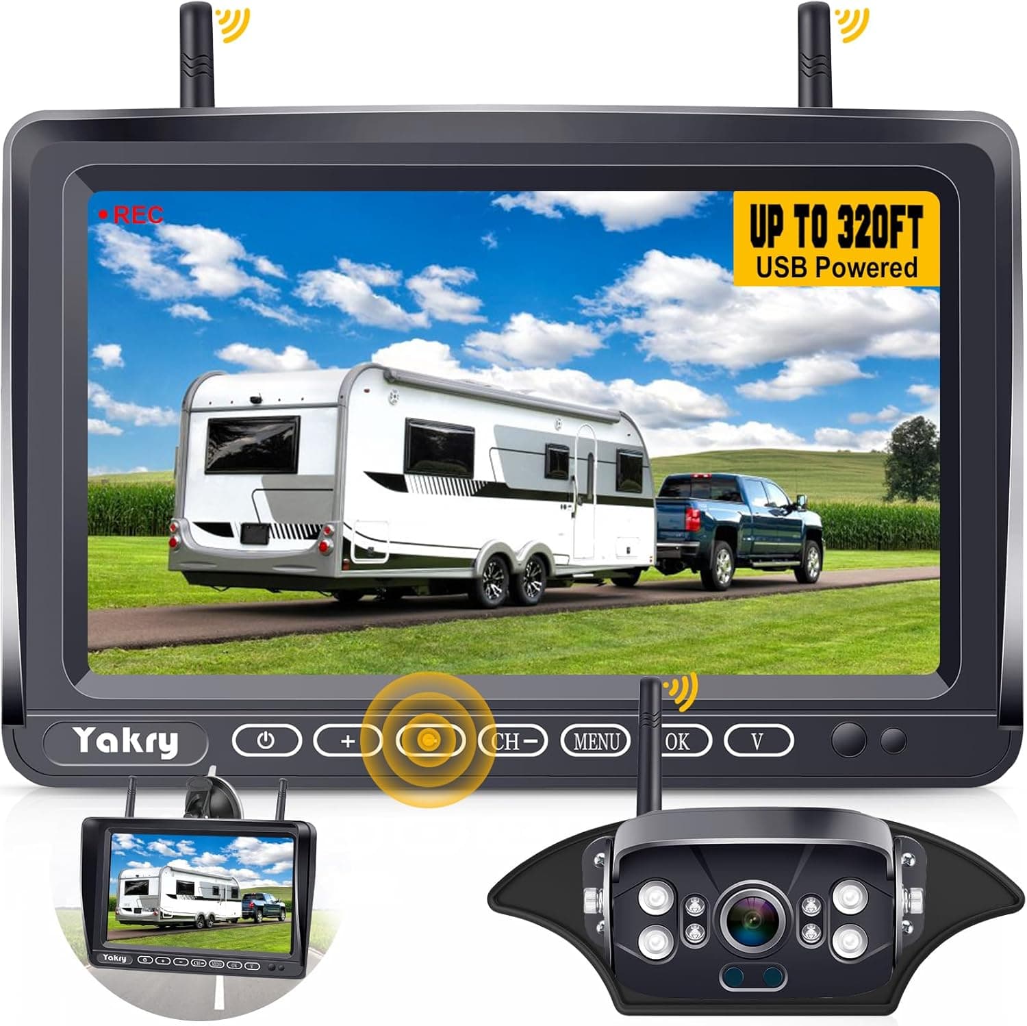 Yakry Y27-N RV Backup Camera Wireless Plug and Play, Pre-Wired for Furrion System, Recording Wide View HD 1080P 7'' Touch Key Monitor for Trailer Camper Motorhome
