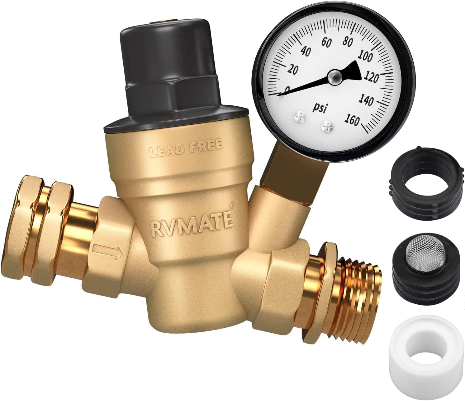 RVMATE RV Water Pressure Regulator, Brass Lead-Free Reducer Kit, Adjustable Valve with Inlet Screen Filter