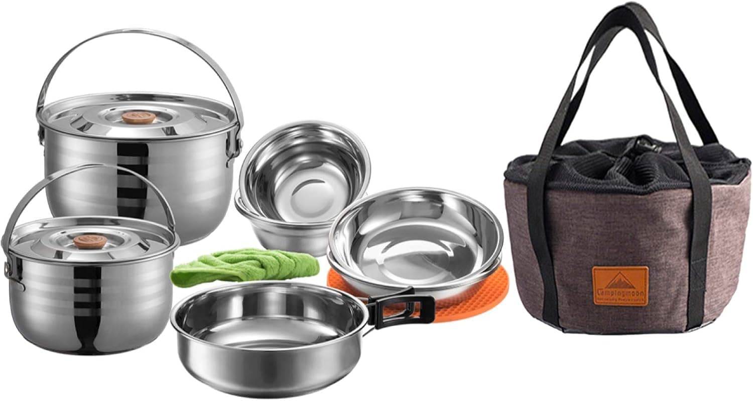 CAMPINGMOON 16PCS Camping Cookware Set Stainless Steel Outdoor Nesting Cooking Mess Kit with Tote Bag MC240