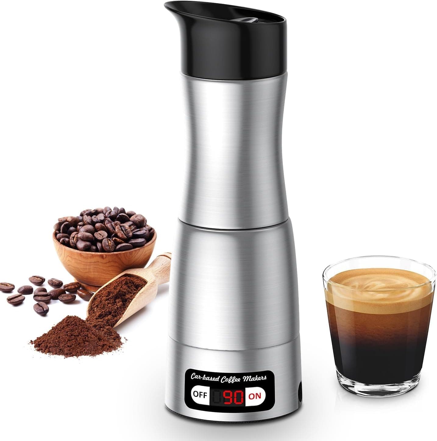 KreeySant 12V Coffee Maker for Car, Portable Stainless Steel Self-Heating 150ml Car Espresso Machine for RV