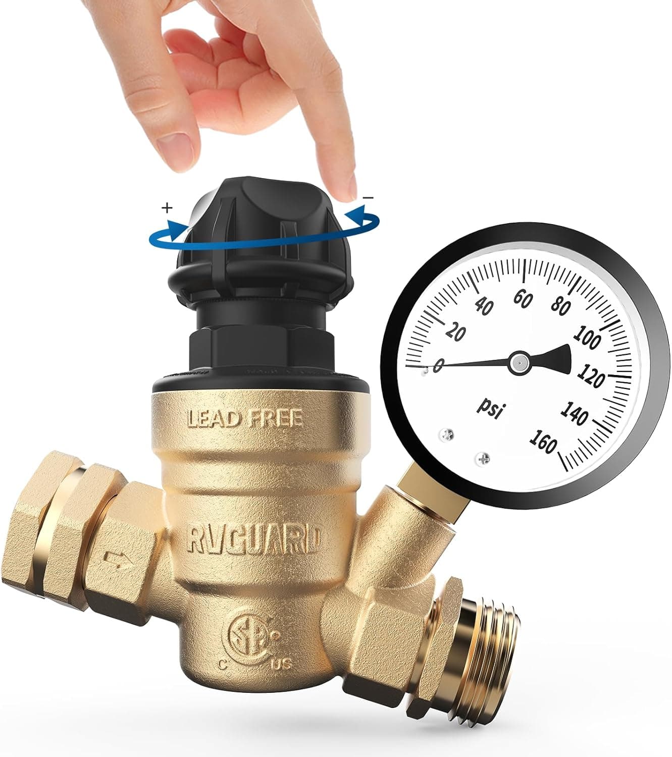 RVGUARD RV Water Pressure Regulator Valve with Adjustable Knob, Tool-Free, CSA Approved, Lead-Free Brass with Gauge