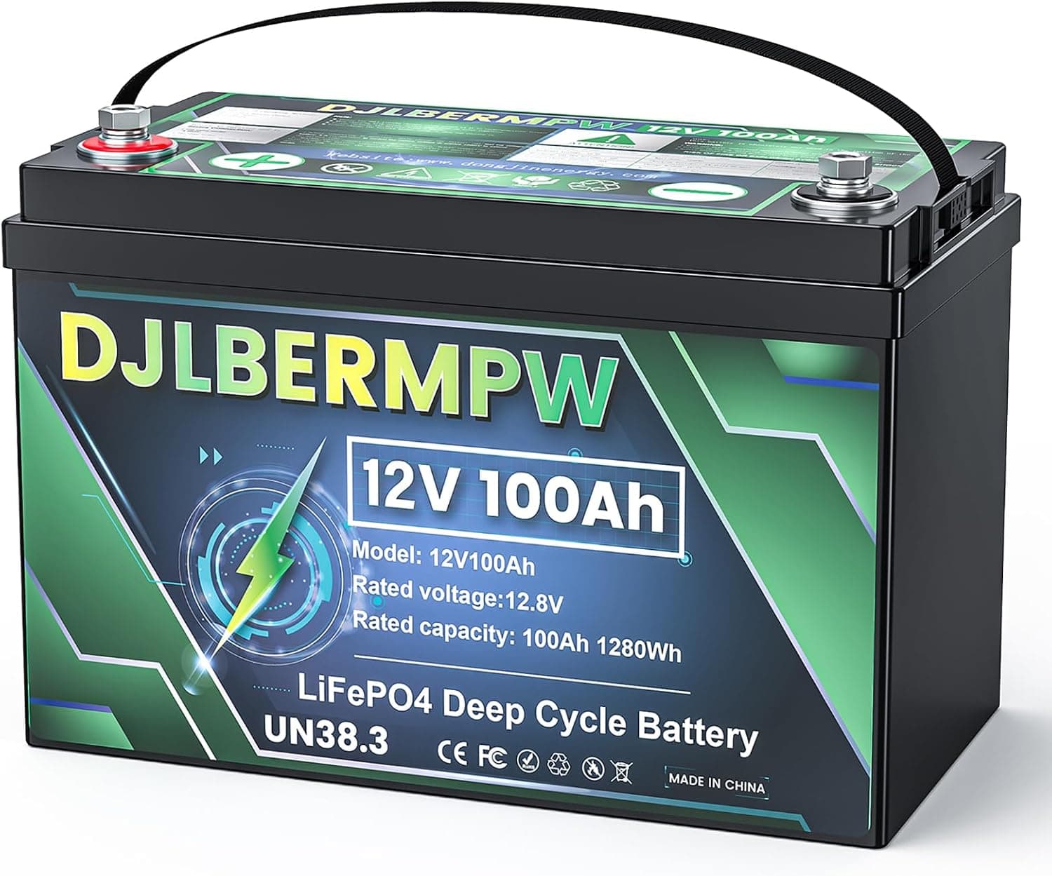 DJLBERMPW 12V 100Ah LiFePO4 Lithium Battery Deep Cycle with Upgraded 100A BMS, Max 1280W, Up to 15000 Cycles