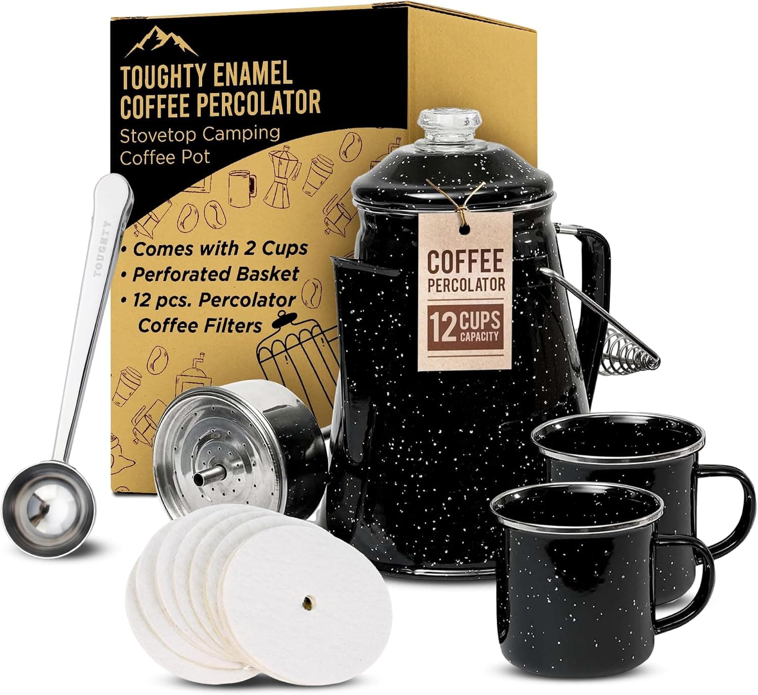 Toughty Enamel Coffee Percolator, Stovetop Coffee Maker for Camping, Open Fire, Grill, Black