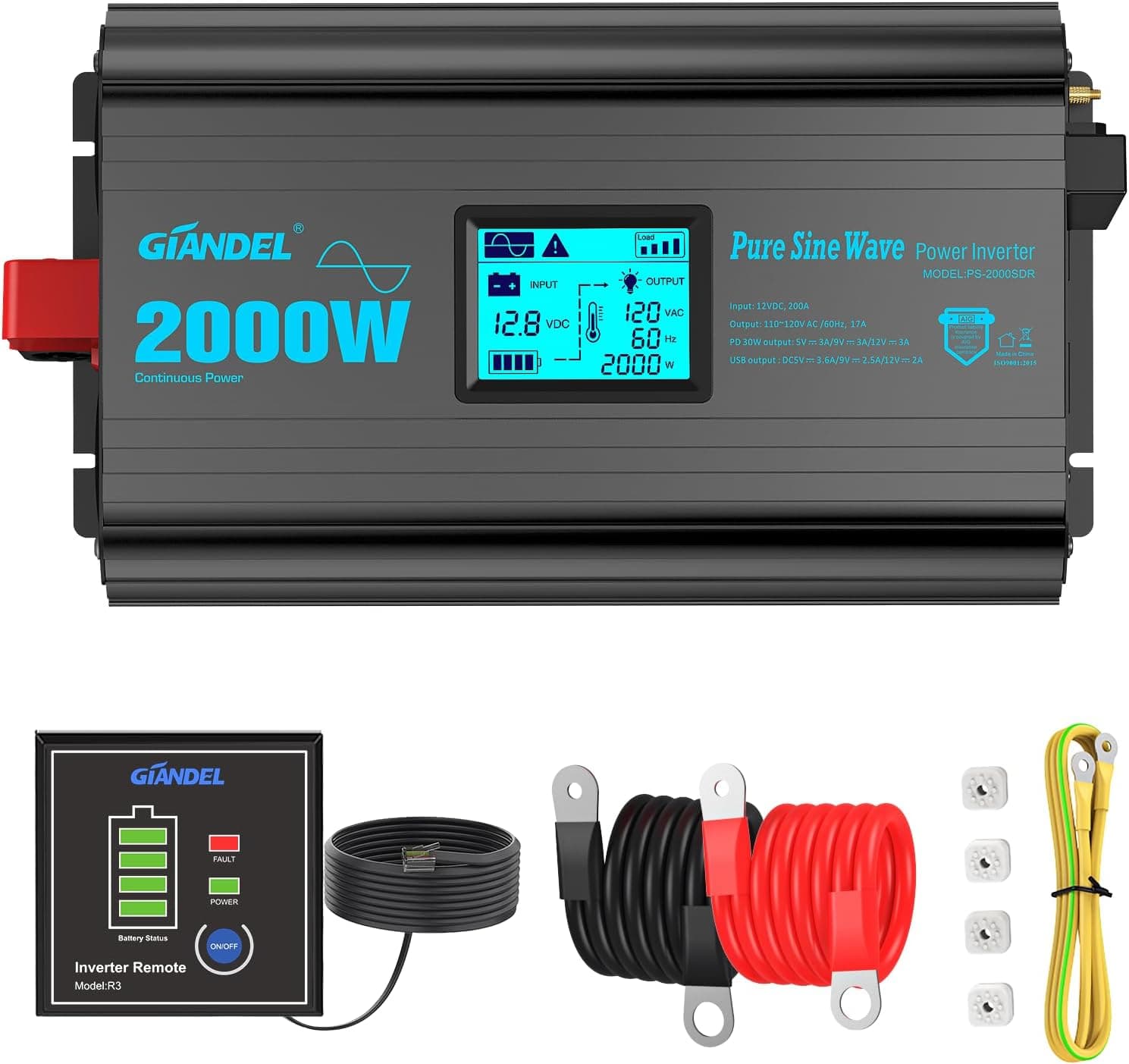 GIANDEL 2000 Watt Pure Sine Wave Power Inverter 12V DC to 120V AC for RVs Off Grid Solar Boat Camper with 20A Hardwire Block and USB-C PD30W