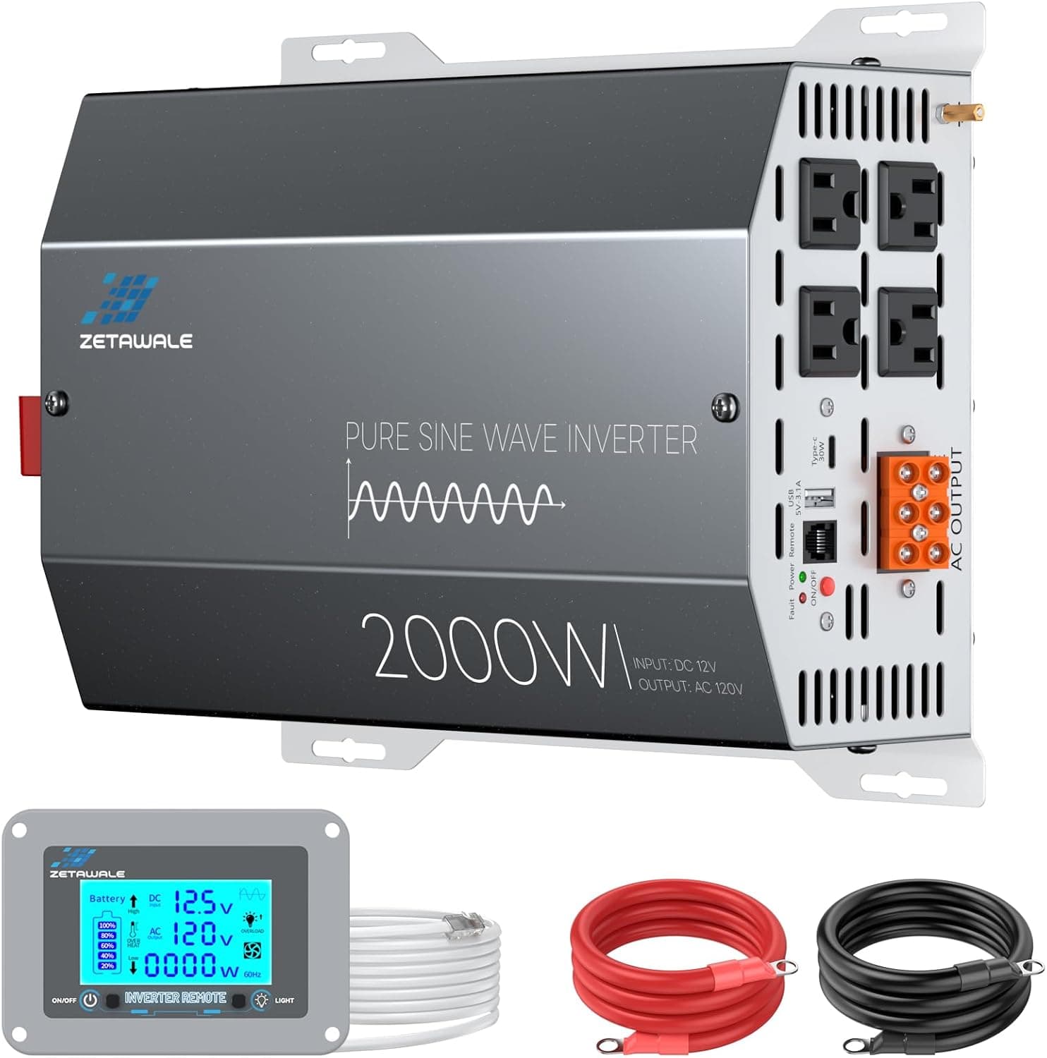2000 Watts Pure Sine Wave Inverter 12V DC to 110V/120V AC 4000W Peak, LCD Remote, 4 AC Outlets, USB & Type-C for RV Truck Solar