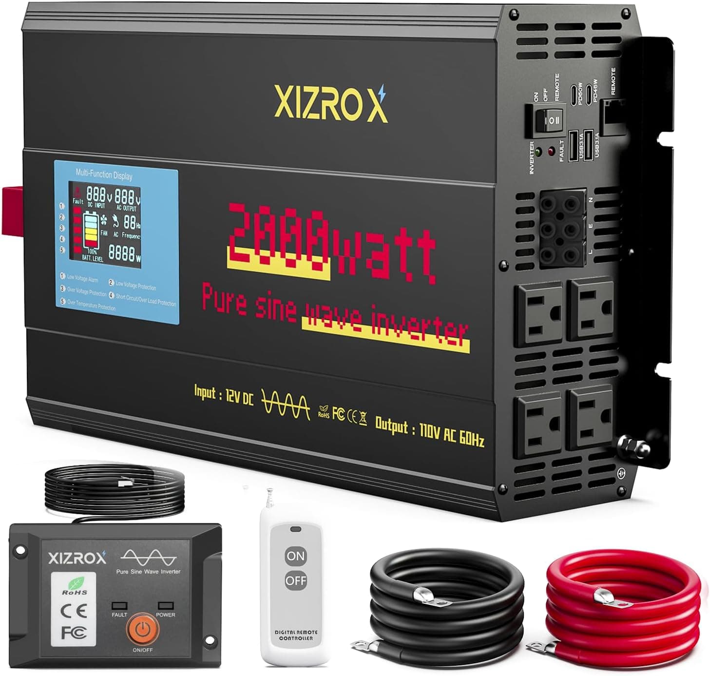 2000W Pure Sine Wave Inverter 12V DC to 110/120V AC 9-Port with 4 AC Outlets, 2 USB, 2 Type-C, LED Display, Remote for RV Camping