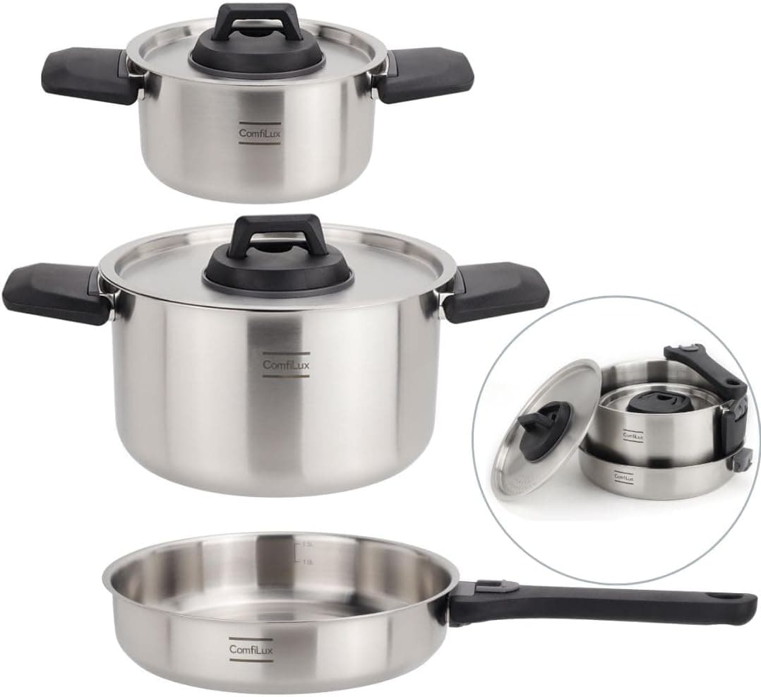 Stainless Steel Camping Kitchen Cookware Set, Nesting Pots, 6 Piece Mess Kit (1.5L Frypan, 1.5L & 3.5L Pots)