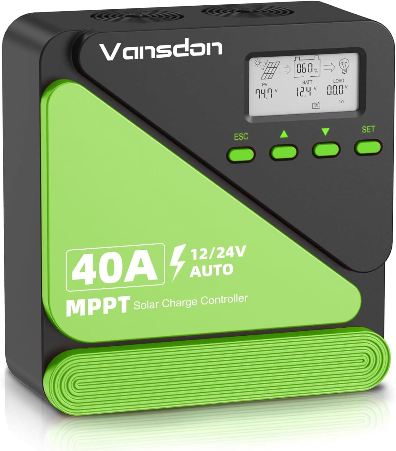 Vansdon 40A Solar Charge Controller 12V/24V MPPT Adjustable LCD with Timer, Dual USB Ports for RV, Boat, Cabin, Off-Grid