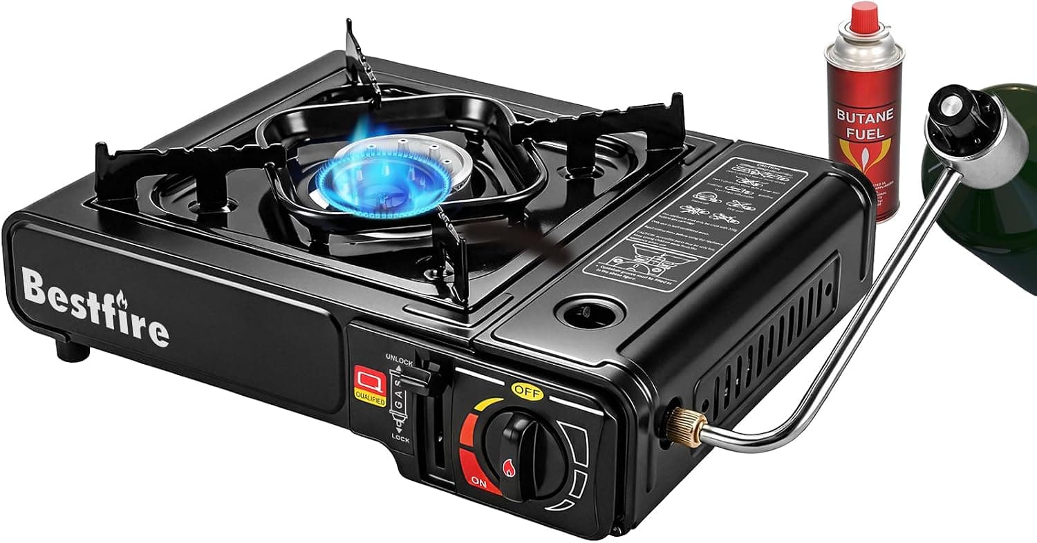 BESTFIRE Portable Dual Fuel Camping Stove, 10,000 BTU Butane and Propane Stove with Adapter & Case, Single Burner Gas Stove for Outdoor Cooking Tailgating Emergency