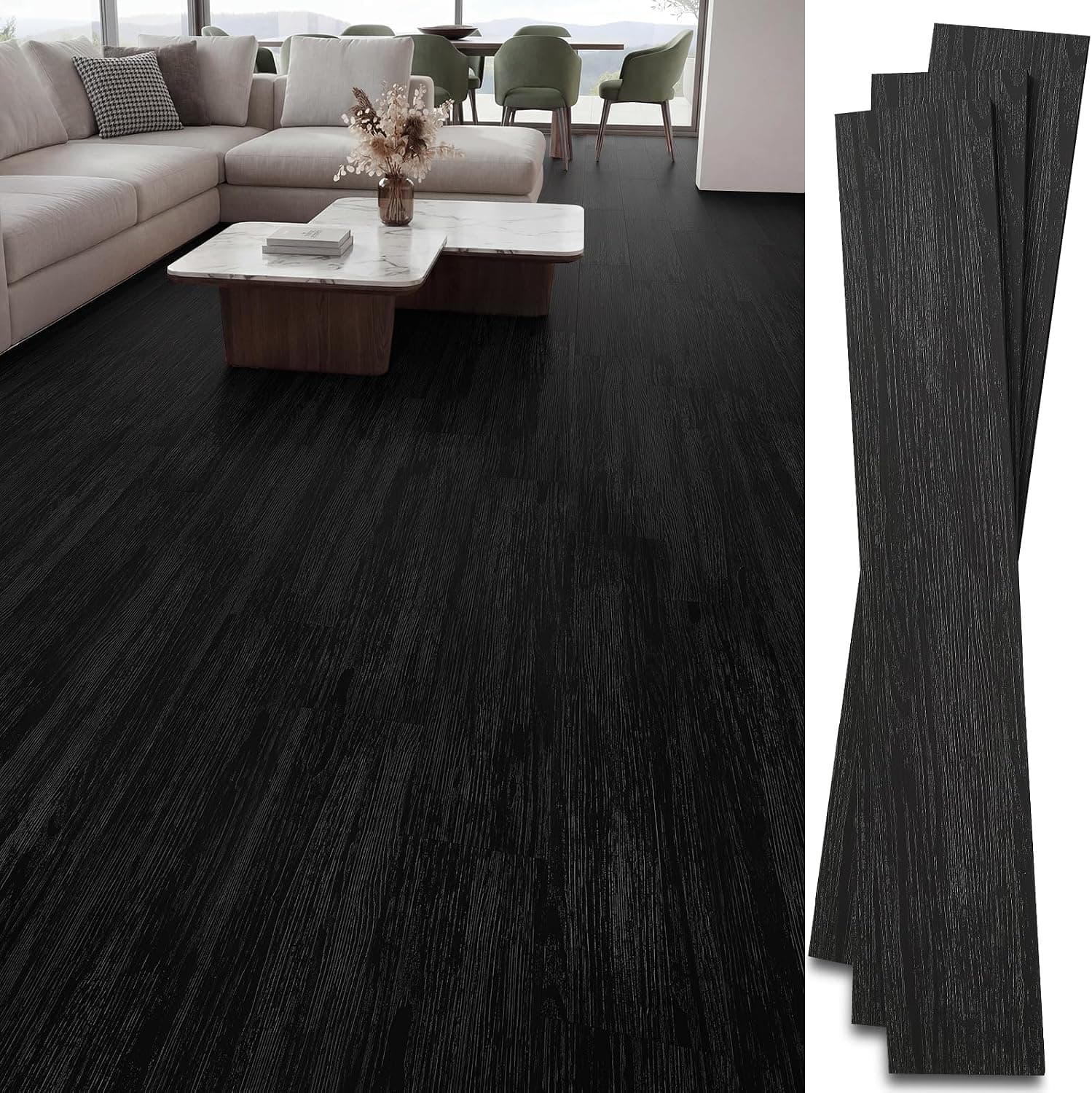 INMOZATA 36-Pack Peel and Stick Flooring Vinyl Floor Tile (Black), 54 Sq.Ft, Waterproof Wood Grain, for RV