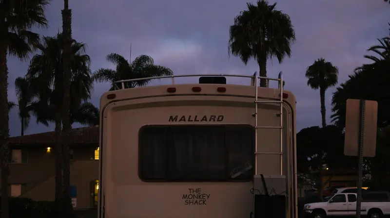 A retro RV parked under palm trees at dusk, capturing a tranquil outdoor scene